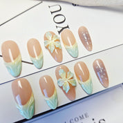 Floral Collection-Teal Green Summer Almond Nails